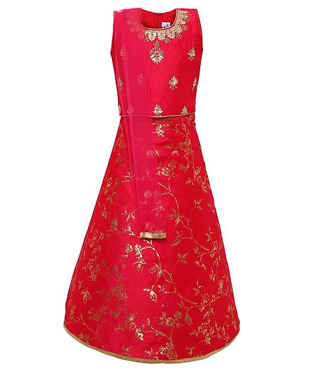 Aarika Sleeveless Zari Work Choli With Floral Foil Print Lehenga & Dupatta - Red