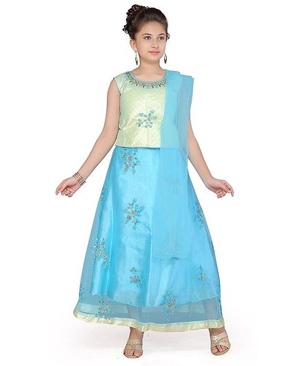 Aarika Sleeveless Flower Sequins Choli With Lehenga & Netted Dupatta - Green
