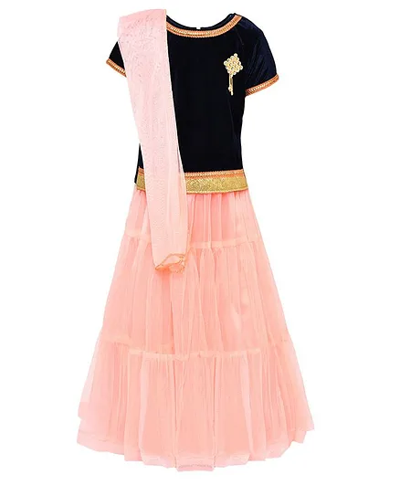 Aarika Half Sleeves Brooch Attached Gotta Patti Work Choli With Smocking Detailed Lehenga & Dupatta - Peach & Blue