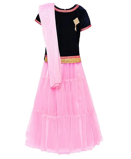Aarika Half Sleeves Brooch Attached Gotta Patti Work Choli With Smocking Detailed Lehenga & Dupatta - Pink & Blue