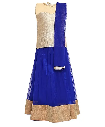 Aarika Sleeveless Peplum Choli With Gold Border Hem Lehenga & Dupatta Set - Blue