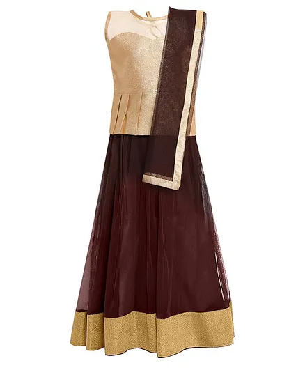 Aarika Sleeveless Peplum Choli With Gold Border Hem Lehenga & Dupatta Set - Brown