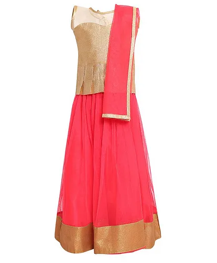 Aarika Sleeveless Peplum Choli With Gold Border Hem Lehenga & Dupatta Set - Peach