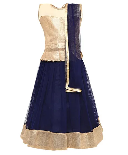 Aarika Sleeveless Peplum Choli With Gold Border Hem Lehenga & Dupatta Set - Navy Blue