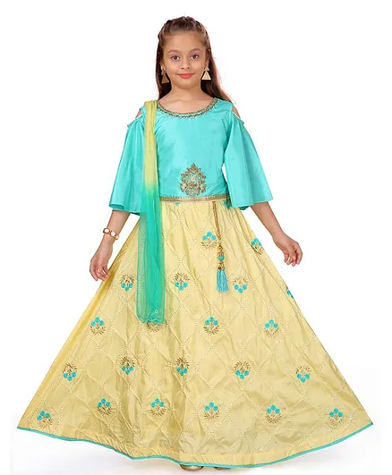 Aarika Three Fourth Sleeves Choli With Dupatta & Flower Embroidered Lehenga Set - Green