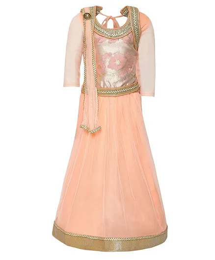 Aarika Full Sleeves Choli With Gold Border Hem Lehenga & Dupatta Set - Peach