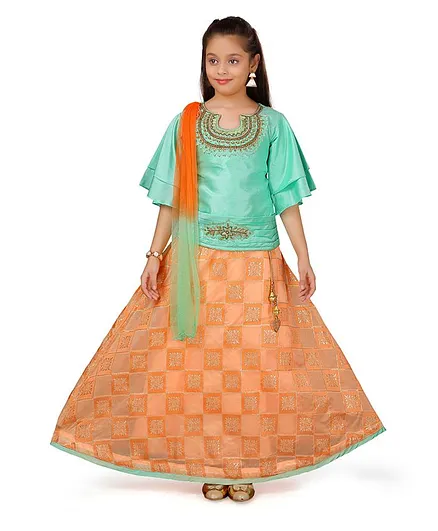 Aarika Embroidered Choli With Unstitch Sleeves Dupatta & Lehenga Set - Sea Green