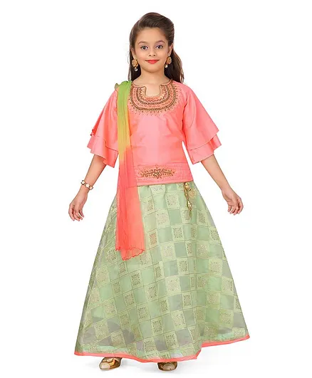 Aarika Embroidered Choli With Unstitch Sleeves Dupatta & Lehenga Set - Peach