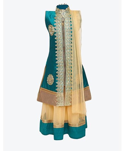 Aarika Sleeveless Embroidered Long Jacket & Lehenga & Dupatta Set - Green