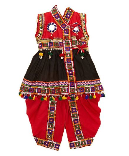 Banjara India Sleeveless Mirror Work Embroidered Kedia Set - Black