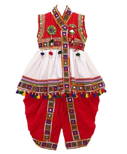 Banjara India Sleeveless Mirror Work Embroidered Kedia Set - White