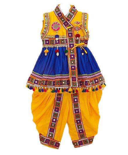 Banjara India Sleeveless Mirror Work Embroidered Kedia Set - Blue