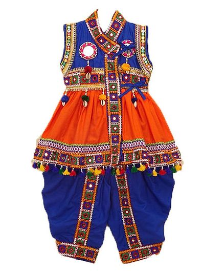 Banjara India Sleeveless Mirror Work Embroidered Kedia Set - Orange
