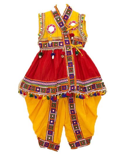 Banjara India Sleeveless Mirror Work Embroidered Kedia Set - Red