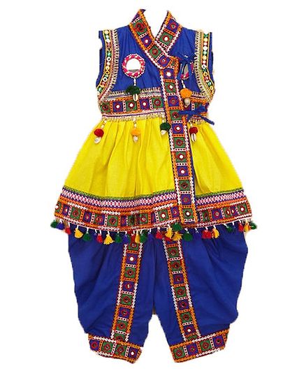 Banjara India Sleeveless Mirror Work Embroidered Kedia Set - Yellow