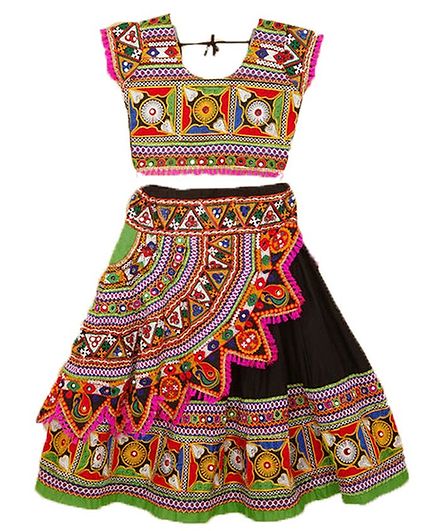 Banjara India Kutchi Embroidered Short Sleeves Ghagra Choli - Black