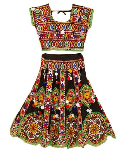 Banjara India Kutchi Embroidered Short Sleeves Choli With Ghagra - Black