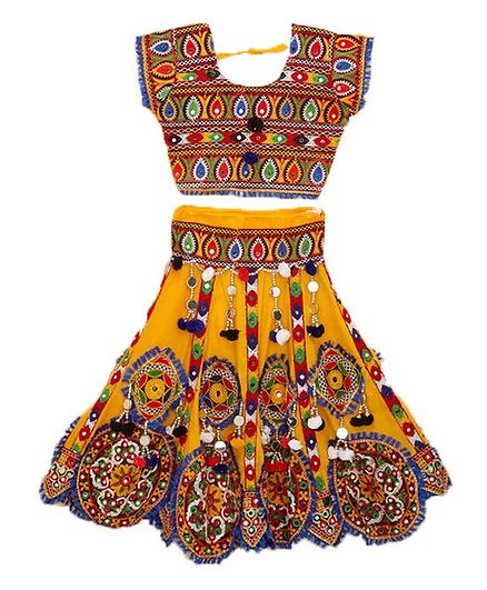 Banjara India Kutchi Embroidered Short Sleeves Choli With Ghagra - Yellow