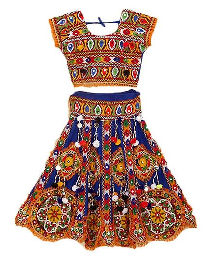 Banjara India Kutchi Embroidered Short Sleeves Choli With Ghagra - Blue