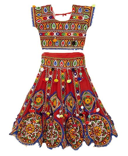 Banjara India Kutchi Embroidered Short Sleeves Choli With Ghagra - Red