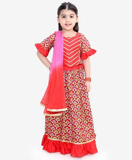 KID1 Half Sleeves Tarini Choli With Frill Lehenga And Dupatta - Red
