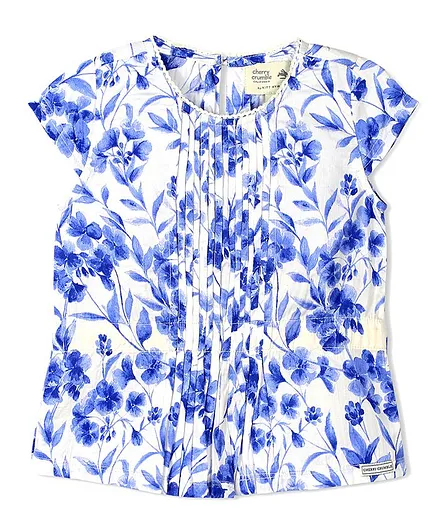 Cherry Crumble By Nitt Hyman Short Sleeves Floral Print Top - White & Blue