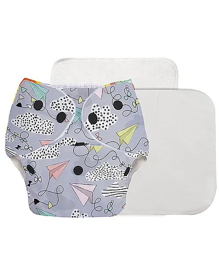 SuperBottoms Basic Pocket Diaper with 2 Inserts Airplane Print - Grey
