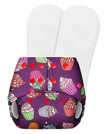 SuperBottoms Basic Pocket Diaper with 2 Inserts Cup Cake Print - Purple