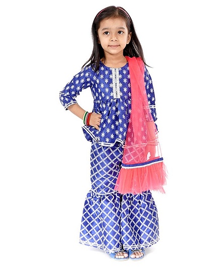 Babyhug Full Sleeves Checks & Floral Sharara Set - Blue Pink