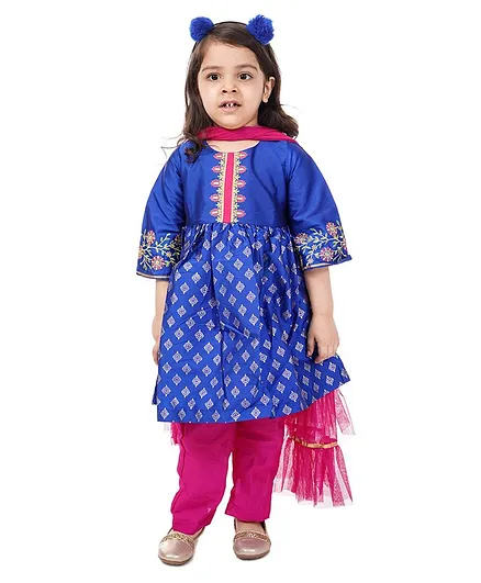Babyhug Three Fourth Sleeves Kurta and Sharara Set with Ruffled Net Dupatta Glitter Print - Blue