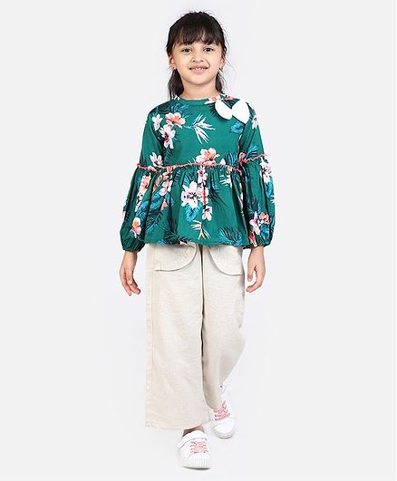 Cutiekins Full Sleeves Floral Print Bow Detailed Peplum Top & Linen Palazzo Set - Green & Off White