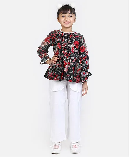 Cutiekins Full Sleeeves Floral Print Peplum Top & Linen Palazzo Set - Black & White
