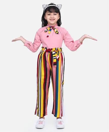 Cutiekins Full Sleeves Solid Top & Striped Palazzo Set - Multicolour