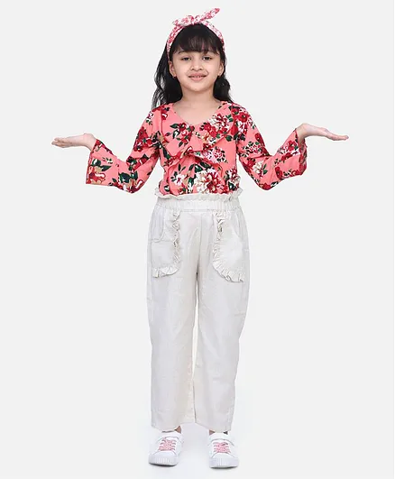 Cutiekins Full Sleeves Floral Print Top & Linen Palazzo - Peach & Off White