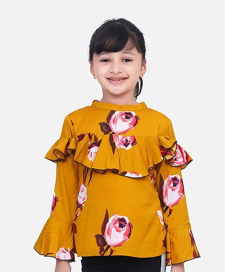 Cutiekins Full Sleeves Floral Print Top - Mustard & Off White