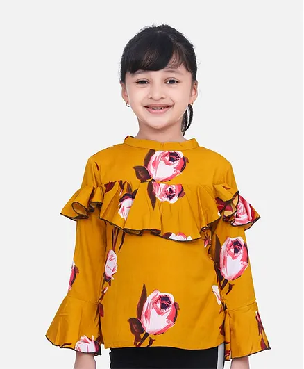 Cutiekins Full Sleeves Floral Print Top - Mustard & Off White