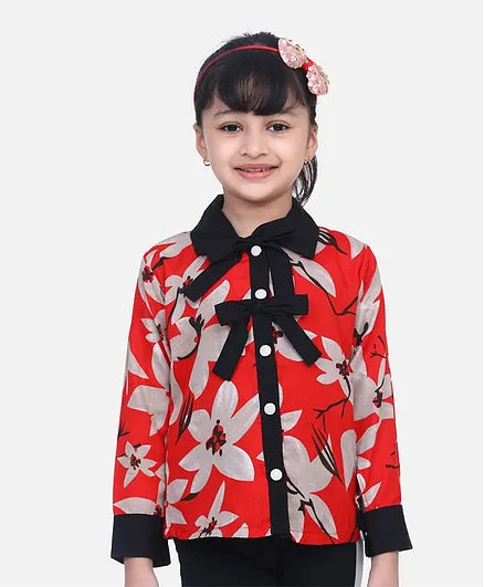 Cutiekins Full Sleeves Shirt Style Floral Print Big Bow Top - Red & Beige