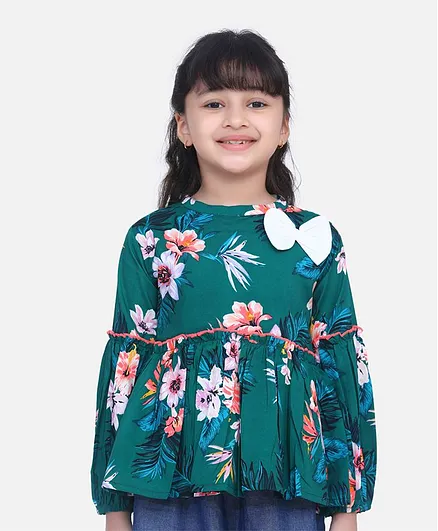 Cutiekins Full Sleeves Flower Print Peplum Top - Green & White