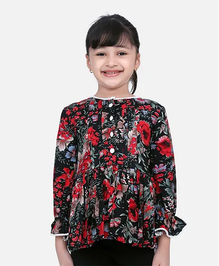 Cutiekins Full Sleeves Floral Print Peplum Top - Black & Red