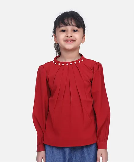 Cutiekins Full Sleeves Pearl Detailed On Neckline Pleated Top - Maroon