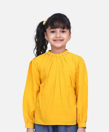Cutiekins Full Sleeves Pearl Detailed On Neckline Pleated Top - Yellow