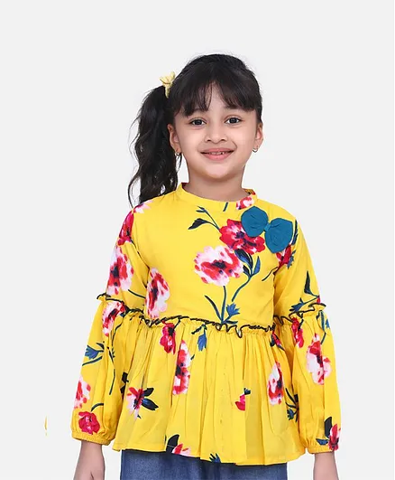 Cutiekins Full Sleeves Floral Print Peplum Top - Yellow & Blue