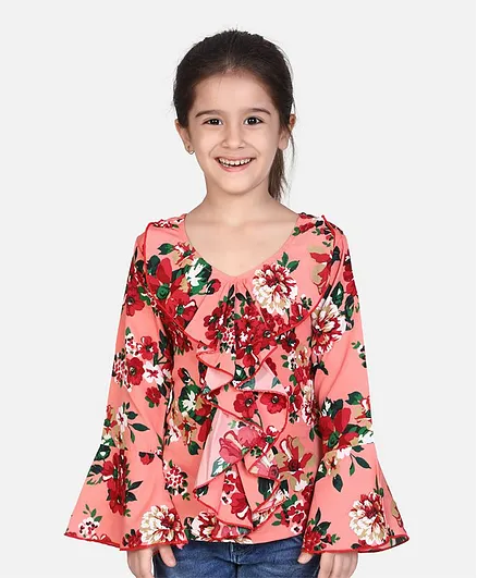 Cutiekins Bell Full Sleeves Flower Print Top - Peach