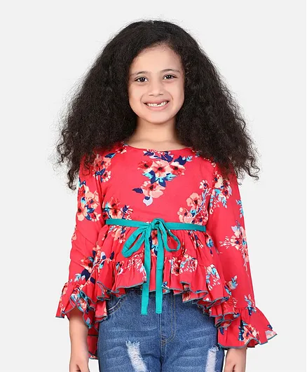 Cutiekins Full Sleeves High Low Floral Print Top - Red