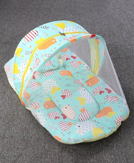 ZOE Cotton Blend Gadda Set with Mosquito Net Bird Print - Sea Green