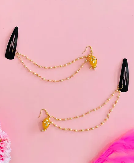 Ribbon candy Kundan Work Pearl Chain Earrings - Yellow & Gold