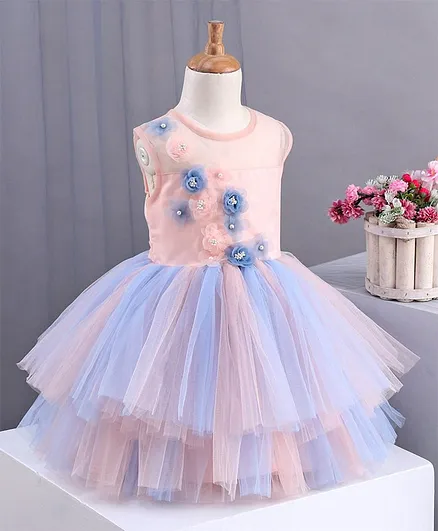 Bluebell Sleeveless Frock Floral Applique - Peach Blue