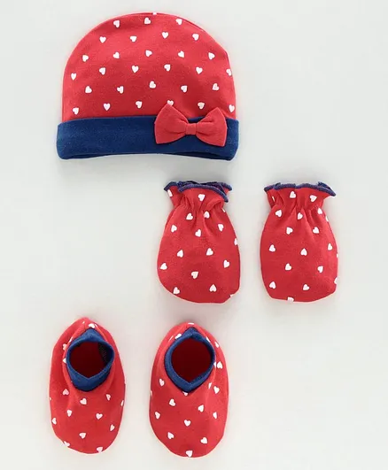 Babyhug 100% Cotton Cap Mitten & Bootie Set Polka Dot Print Red - Diameter 9 cm