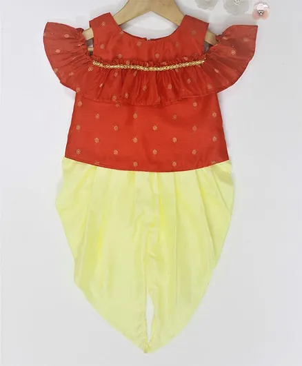 Many frocks & Chanderi Sleeveless Kurta With Dhoti - Red & Yellow