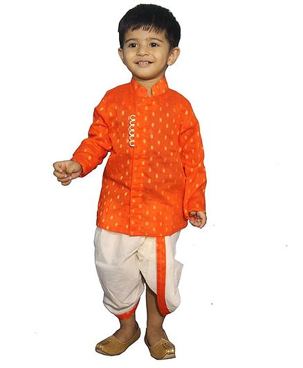 Mittenbooty Full Sleeves Dots Design Kurta & Dhoti Set - Orange & Cream